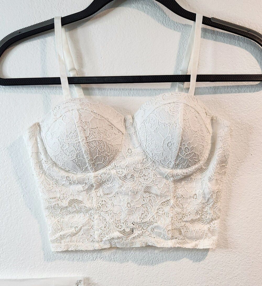 Material girl Sexy White Lace Bustier Top Corset,Floral Embroidery Sleeveless XS